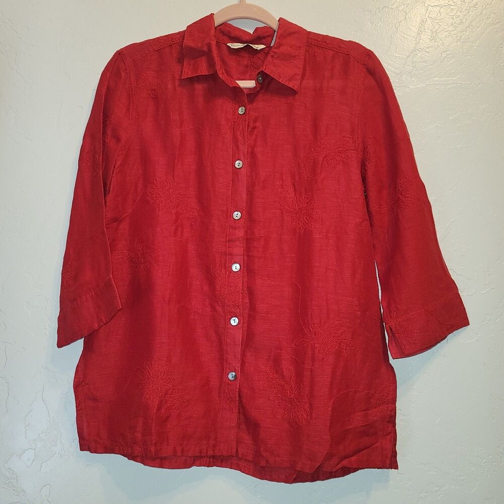French Laundry Womens S Tunic Top Silk Blend Red Embroidered Floral Semi Sheer